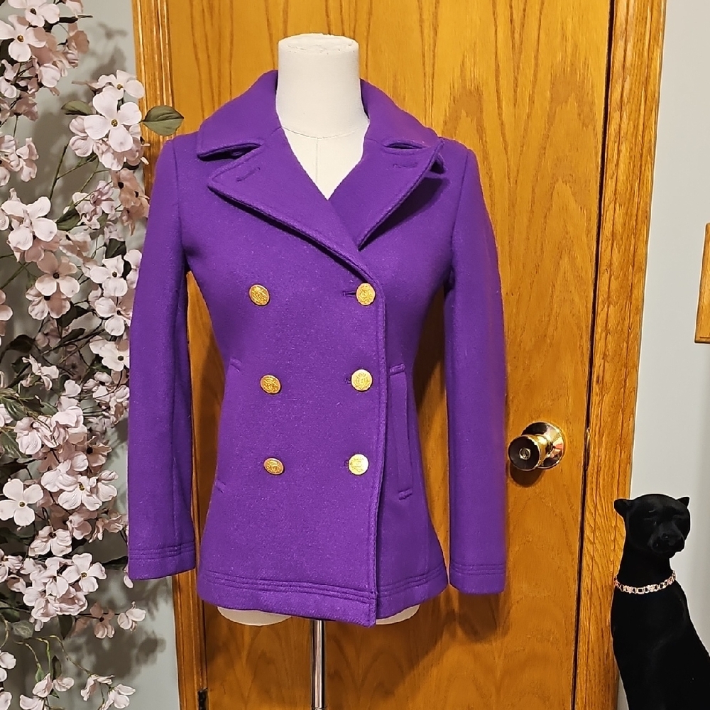 J. Crew Purple Double-Breasted Pea Coat with Gold Buttons